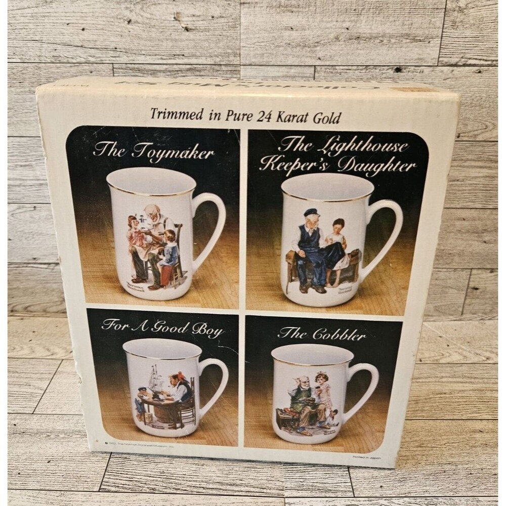 Vintage Norman Rockwell Museum Collector’s 4 Mug Set, 1982, New, Holiday.